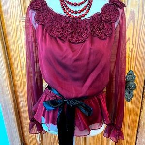 Burgundy Organza Evening Blouse for Holidays